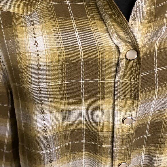 Jane & Delancey large green and white plaid grunge button down with pearl snaps - Picture 2 of 7